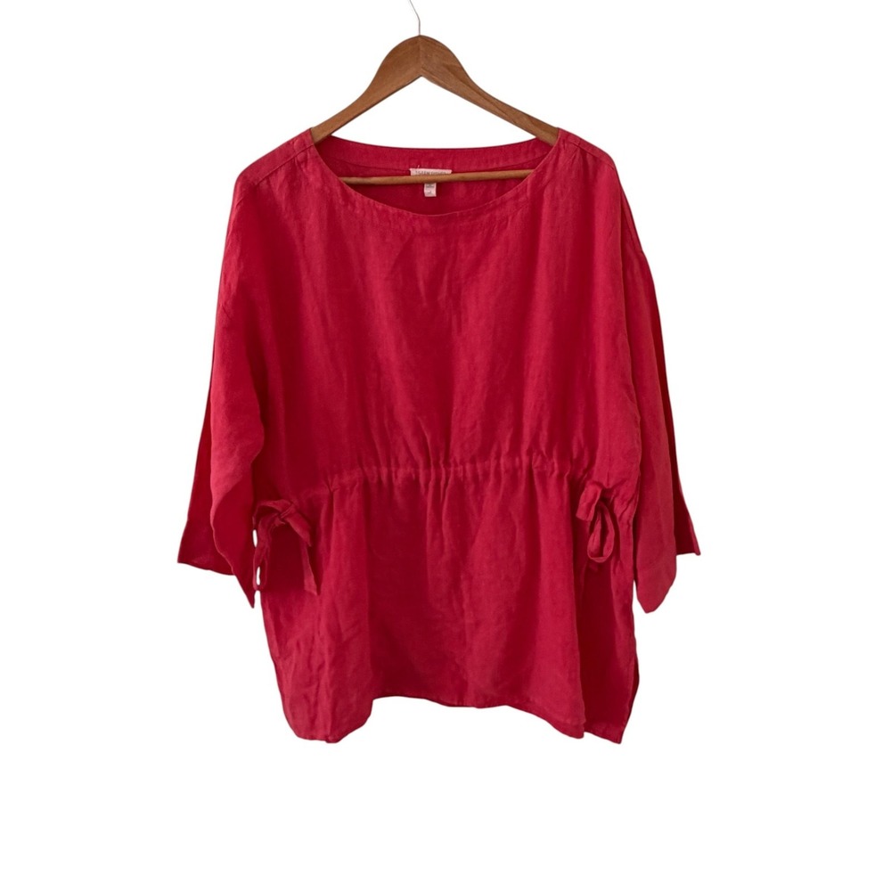 Eileen Fisher Linen Tunic Top Womens L Tomato Red Waist Tie 3/4 Sleeve Coastal